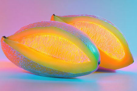 Brightly illuminated melon halves display striking colors against a soft, glowing backdrop, creating a vivid effect.の写真素材