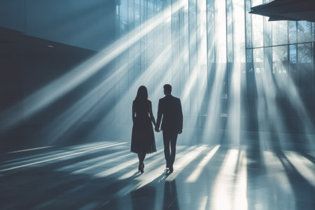A couple strolls together in a vast, bright area filled with dramatic light beams streaming in.の写真素材