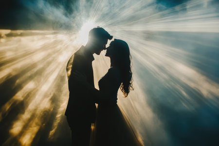 A couple stands close, creating a silhouette as beams of light radiate behind them, capturing a romantic moment.の写真素材