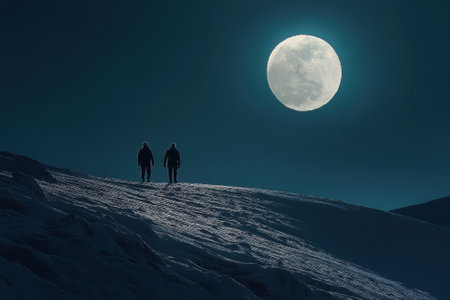 Two adventurers trek across a snowy hill illuminated by a striking full moon in the serene night sky.の写真素材
