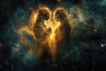 Two glowing figures stand close within a colorful nebula, representing unity and affection in cosmic space.の写真素材