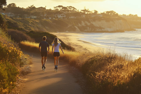 A couple enjoys roller skating along a coastal pathway as the sun sets, surrounded by nature's beauty.の写真素材