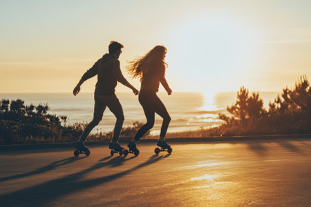A couple rolls along a coastal path at sunset, enjoying the warm breeze and ocean view together.の写真素材