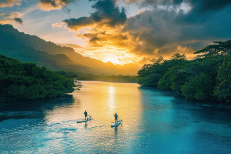 Two individuals paddle board on calm water during a vibrant sunset, with mountains in the background.の写真素材