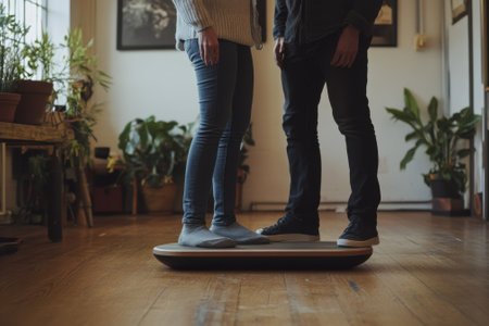 Two individuals take turns standing on a wobble board in a warm, plant-filled room for balance training.の写真素材
