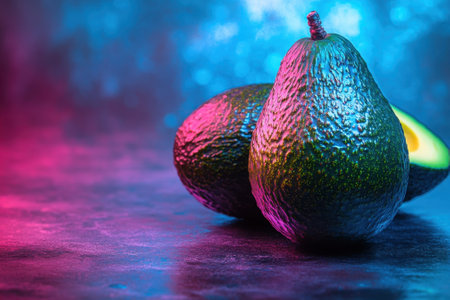 Two ripe avocados rest on a textured surface with vivid blue and pink lighting, showing their rich texture and color.の写真素材