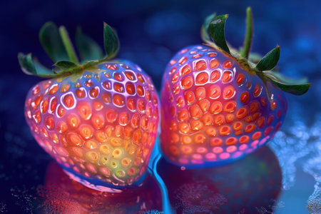 Two beautifully illuminated strawberries display vibrant colors and intricate textures on a dark background.の写真素材