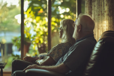 An elderly couple relaxes together in a cozy living room as sunlight filters through a window.の写真素材