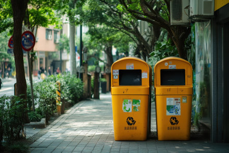 Two yellow recycling bins are placed along a sidewalk in a city lined with trees and nearby buildings.の写真素材