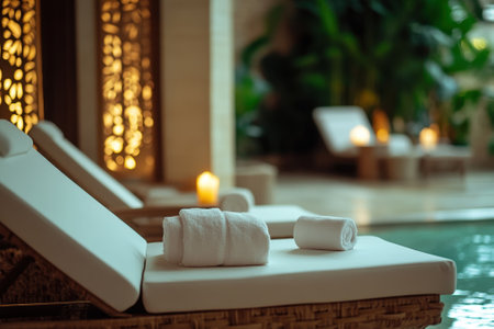 A tranquil spa setting featuring plush lounge chairs and rolled towels beside a softly lit pool area.の写真素材