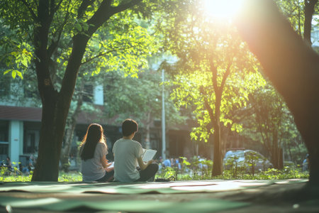 Two individuals sit on a blanket, absorbed in their books, as the sun sets in a tranquil park setting.の写真素材