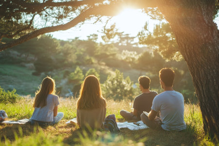 Four friends sit in a peaceful grassy area, meditating and enjoying the warm glow of a sunset.の写真素材