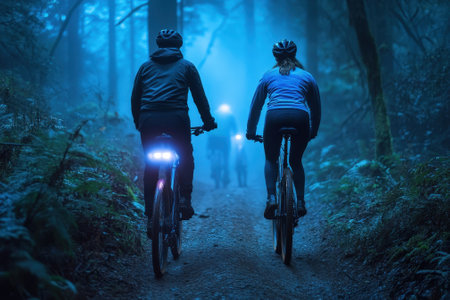 Two cyclists navigate a foggy forest trail, illuminated by bike lights, surrounded by lush greenery.の写真素材