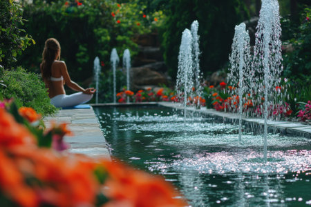 A woman sits in meditation next to a tranquil garden fountain, surrounded by vibrant flowers.の写真素材