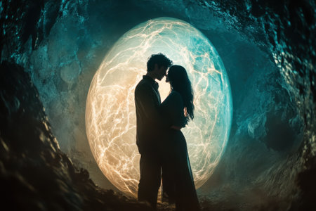 In a mystical cave, a couple stands closely together, silhouetted against a luminous orb, sharing an intimate moment.の写真素材
