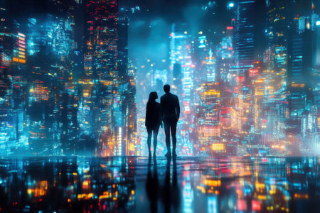 A couple enjoys a moment together against a backdrop of colorful neon lights in a bustling futuristic cityscape.の写真素材