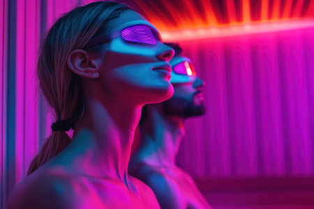 Individuals unwind with light therapy in a vibrant, atmospheric setting for a wellness experience.の写真素材