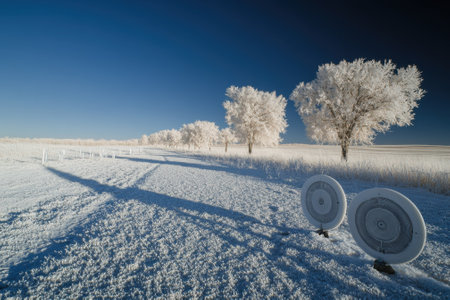 Frost covers the ground and trees in a tranquil winter landscape beneath a clear blue sky.の写真素材