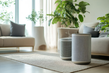 A cozy living room features elegant speakers next to a plush sofa, surrounded by greenery in soft sunlight.の写真素材
