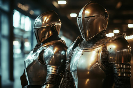 Two armored knights pose confidently in a dark corridor, showcasing intricate medieval designs and details.の写真素材