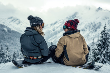 Two friends sit on a snow-covered surface, admiring the majestic snowy mountain landscape.の写真素材