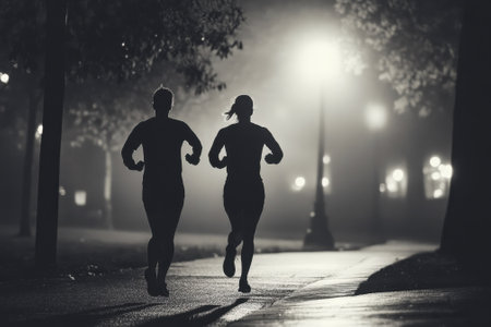 Two joggers run side by side through a quiet park, illuminated by soft streetlight glow.の写真素材