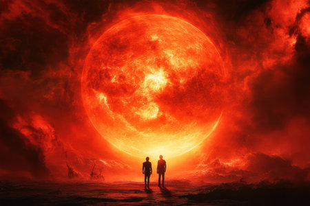 Two silhouettes stand together, captivated by a giant red sun illuminating a dramatic sky at twilight.の写真素材