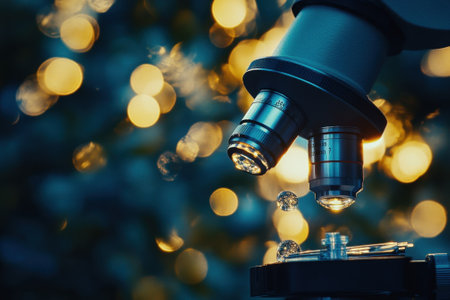 A microscope sits under soft glowing lights, droplets glisten on the lens, inviting scientific discovery.の写真素材