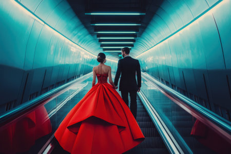 A well-dressed couple ascends a sleek escalator, showcasing a vibrant red gown against a contemporary backdrop.の写真素材