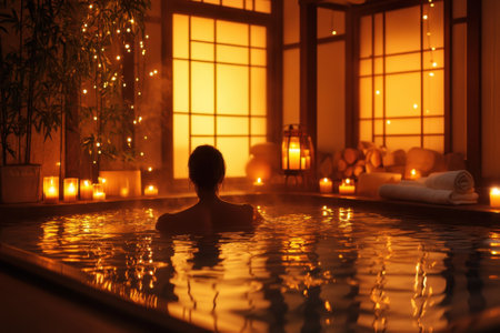 A person enjoys a calm moment in a beautiful spa, surrounded by glowing candles and soft lighting.の写真素材