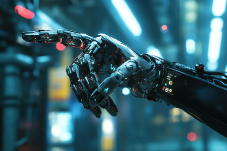 A detailed robotic hand extends and points in a high-tech urban setting filled with neon lights.の写真素材