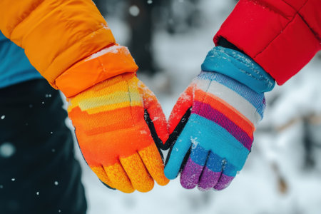 Two pairs of vibrant gloves clasp hands in a snowy environment, showcasing togetherness on a cold day.の写真素材