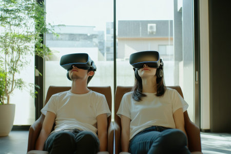 Two individuals wear virtual reality headsets while seated comfortably, immersed in technology indoors.の写真素材