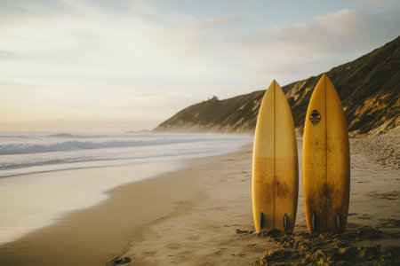 Two yellow surfboards stood on the sand as the sun sets behind the hills, creating a serene coastal atmosphere.の写真素材