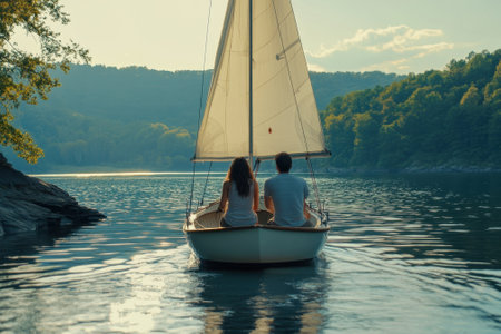 Two friends sail on a serene lake surrounded by lush forests, enjoying a peaceful evening at sunset.の写真素材