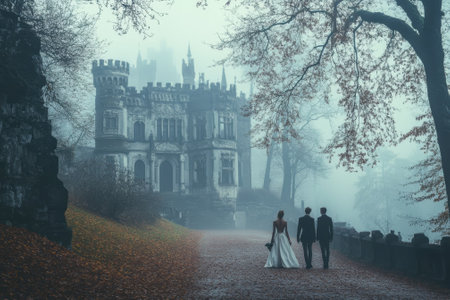 A couple in wedding attire strolls hand in hand along a path, approaching a historic castle in dense fog.の写真素材