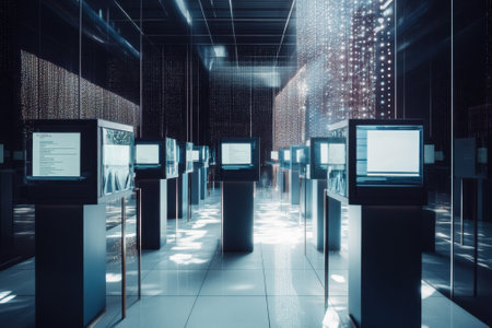 A futuristic installation features interactive displays across a sleek, illuminated space that invites exploration.の写真素材