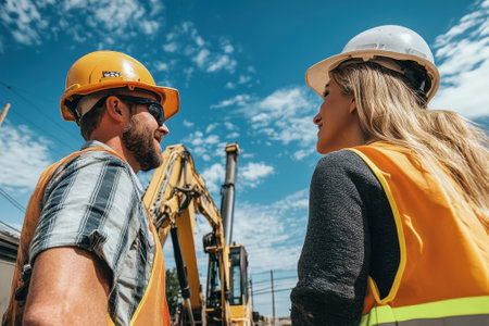 People in safety gear having a conversation at a construction site with machinery in the backgroundの写真素材