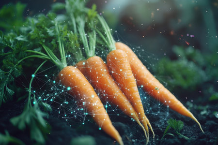 Vibrant orange carrots lay nestled in rich soil, enhanced by a sparkling digital overlay at dusk.の写真素材