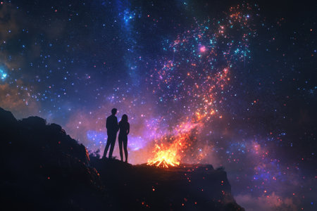 Two people standing on a mountain overlooking a vibrant starry sky and a warm campfire at night.の写真素材