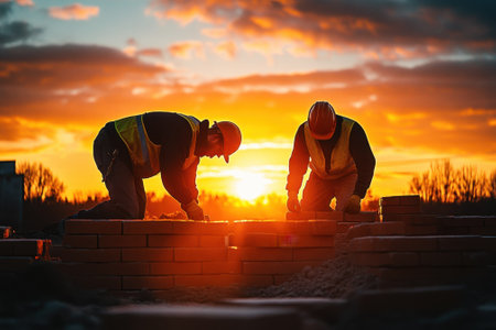 Two construction workers carefully lay bricks as the sunset casts a warm glow over the site.の写真素材