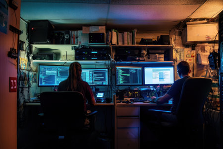 Two individuals are seated in a dimly lit workspace, focused on their dual monitors filled with code and data.の写真素材