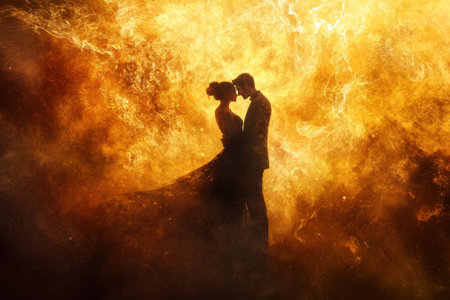 A couple shares a tender embrace, silhouetted against a vibrant, fiery backdrop, capturing a moment of passion and love.の写真素材