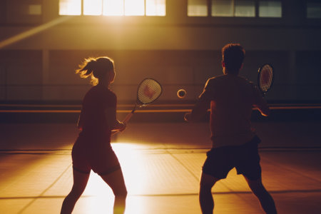 Two athletes practice their tennis skills as the sun sets, casting dramatic light and shadows in the court.の写真素材