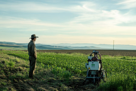 A farmer in a wide-brimmed hat watches a robotic machine work in a verdant field at sunset.の写真素材