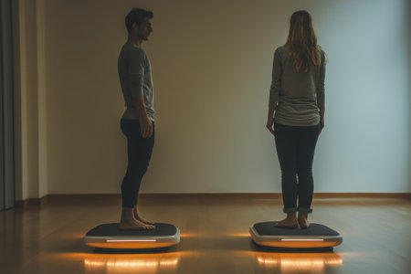 A man and woman engage in balance drills on fitness platforms, showing their coordination and focus.の写真素材