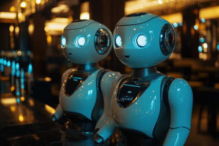 Two humanoid robots stand at a bar, serving drinks while illuminated by soft blue lights in an energetic atmosphere.の写真素材