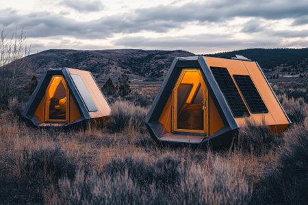 Two striking geometric cabins with warm light glowing, set against a dusky mountain backdrop in nature.の写真素材