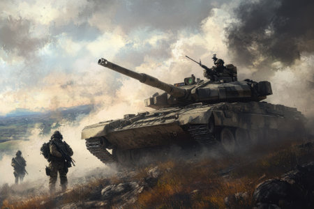 Military personnel move forward with a tank against a backdrop of smoke and rugged terrain during wartime.の写真素材