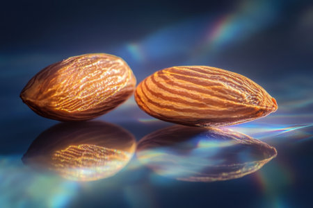 Two almonds are placed on a reflective surface, showing their textured shells and colorful light reflections.の写真素材